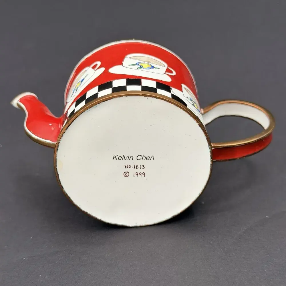 KELVIN CHEN 1999 Enamel Teacup Hand Painted Decorative Mini Teapot No. 1813